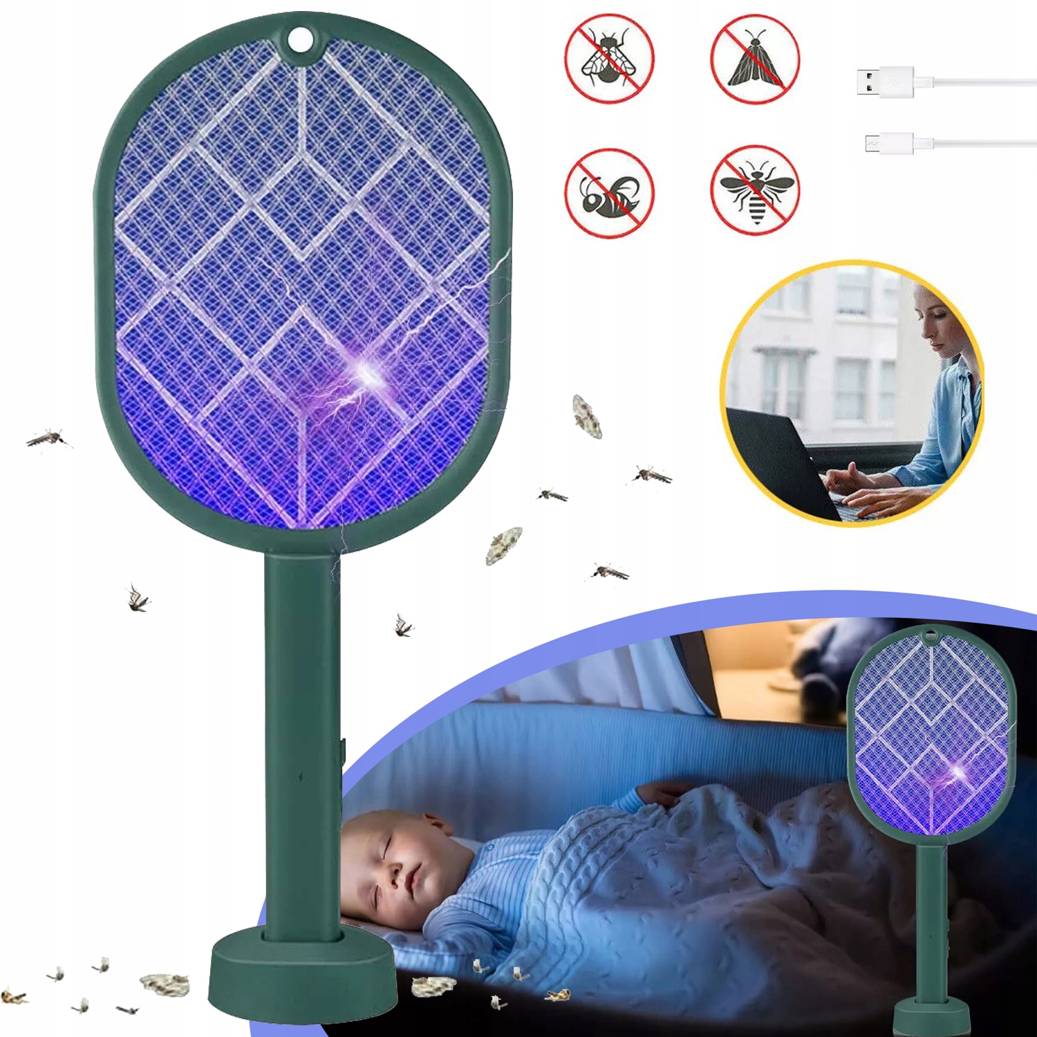 ELEKTRYCZNY SWATTER NA MUCHY, ŁAPACZ MUCH USB, ŚWIATŁO LED, DO DOMU, OGRODU