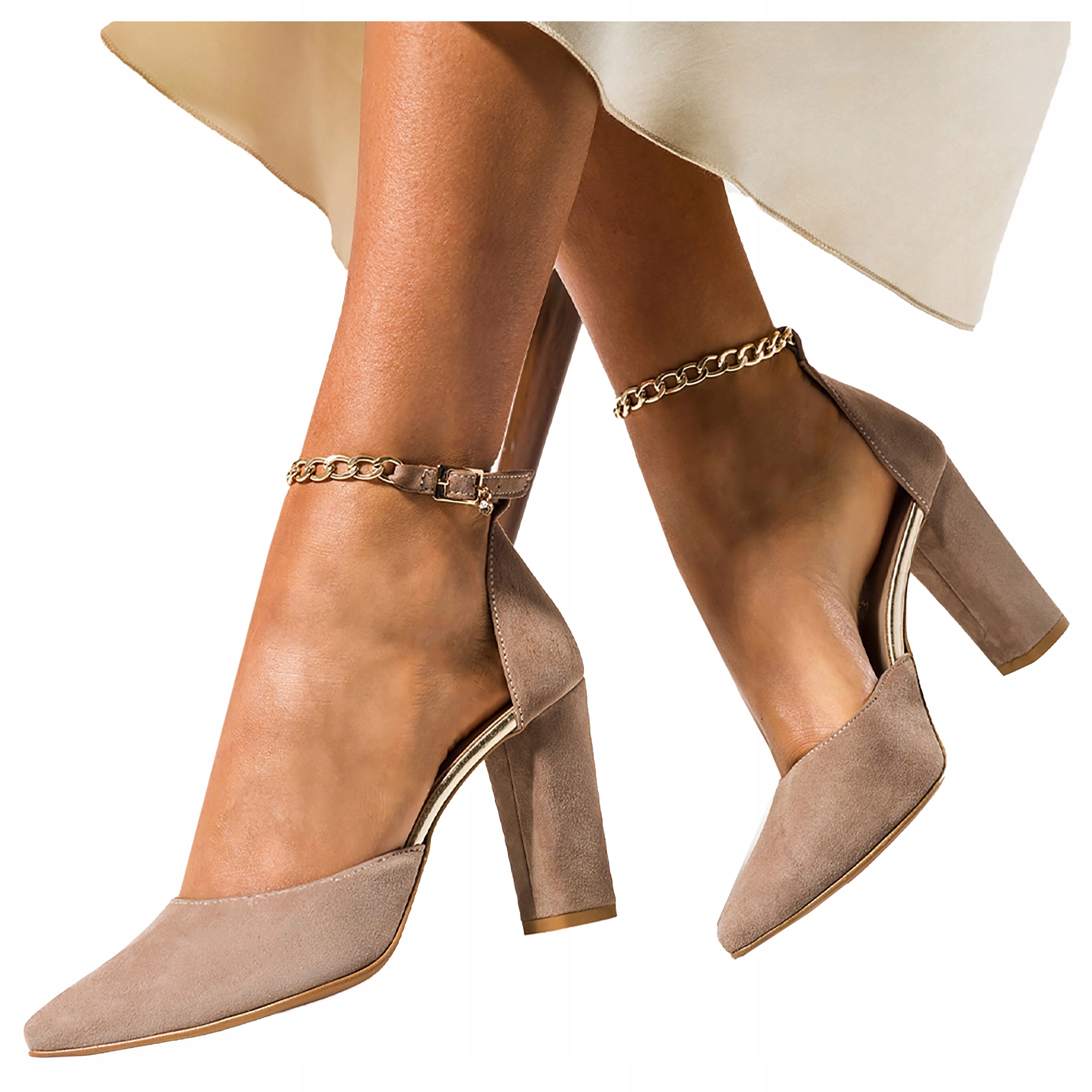 Béžové Dámské Kožené Lodičky Sloupek Zlatý Řetízek Výrobek Polský r 36