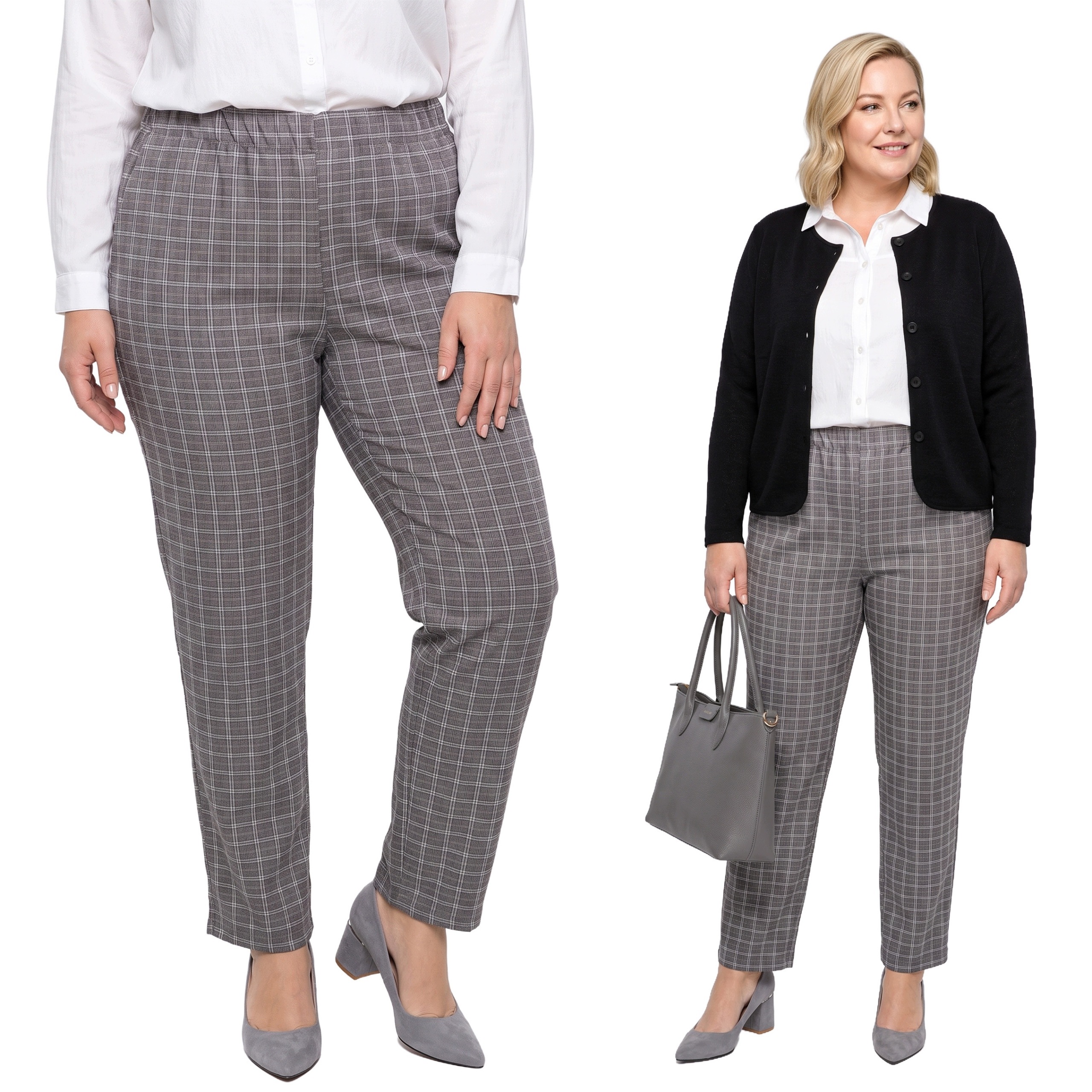 Šedé lesklé kostkované kalhoty plus size velikost 48/50