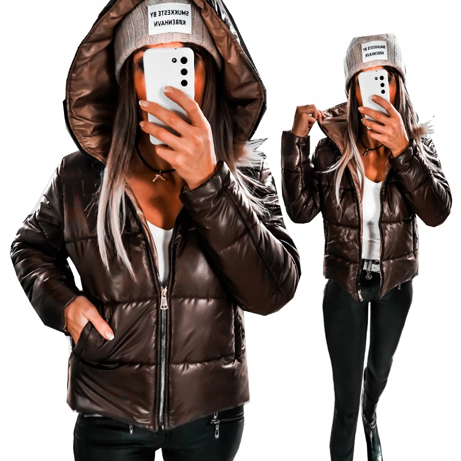 KURTKA DAMSKA PIKOWANA Z KAPTUREM KLASYCZNA BRĄZOWA