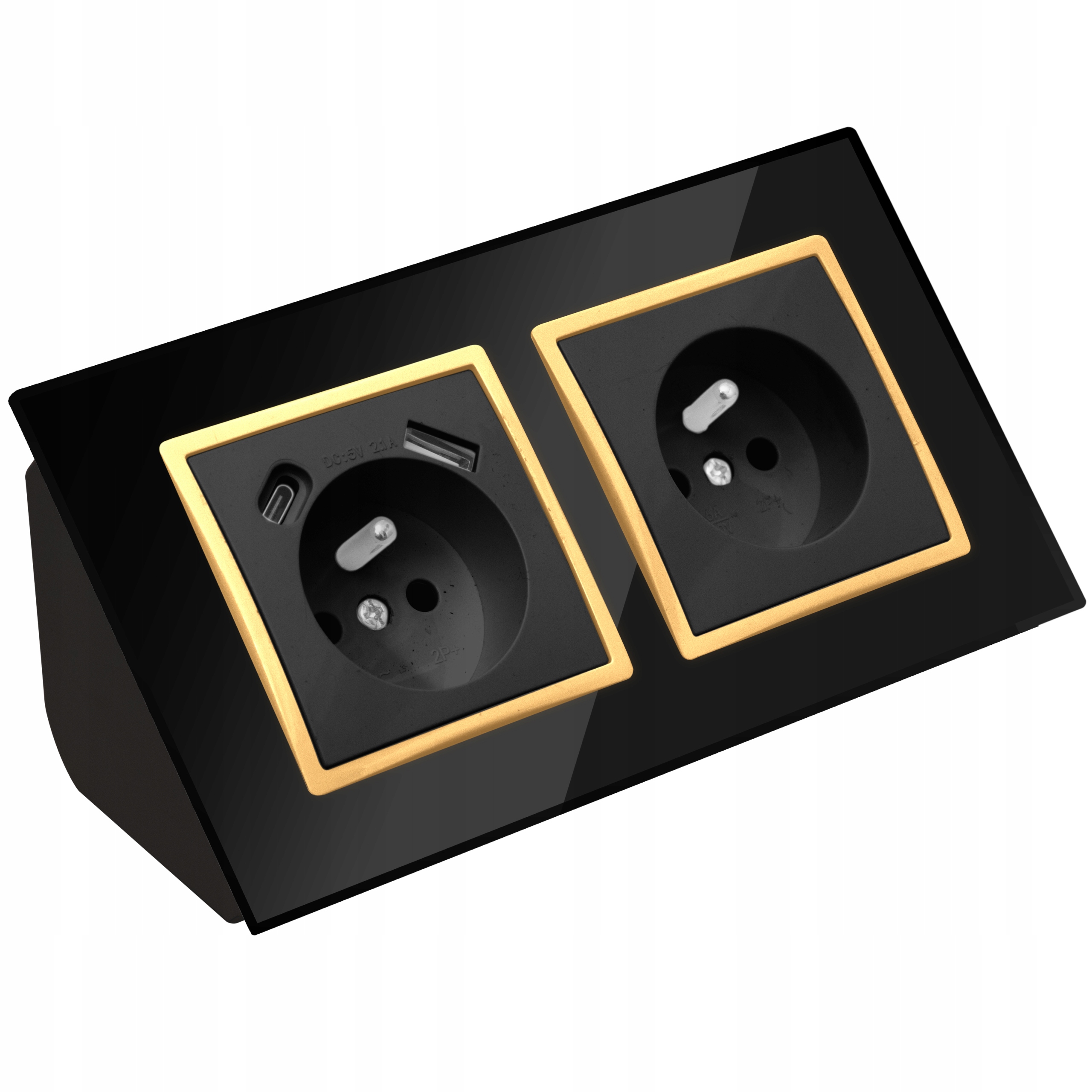 Gniazdo Podwójne Szklane Meblowe Narożne Biurkowe Usb Typ C Czarne Złote