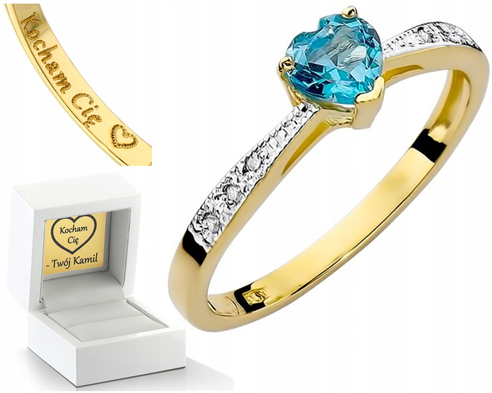 Prstýnek Topaz Brilianty Gravírování Srdce 585