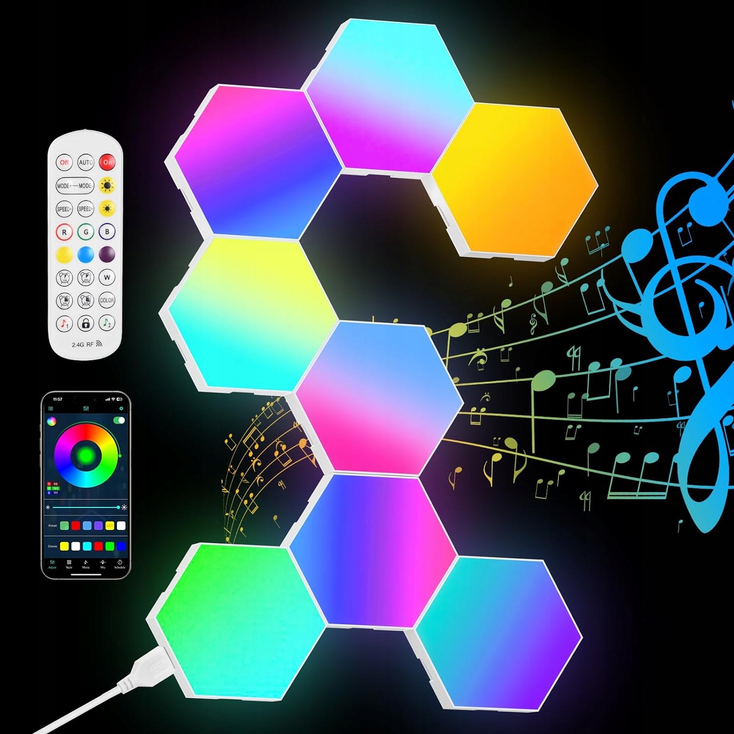 Herní nástěnné svítidlo, 8 kusů Led hexagonálních panelů, synchronizace s hudbou