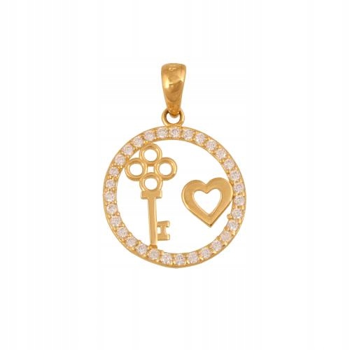 Zlatý přívěsek 585 ve tvaru kulatého rámečku se zirkony, klíček, dárek