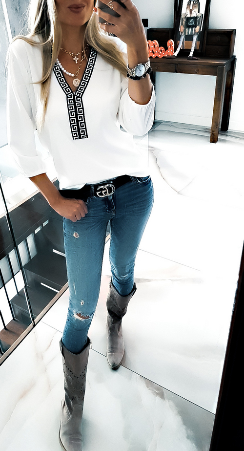 . BLUZKA NA CO DZIEŃ ELEGANCKA DEKOLT V LUŹNA Wzór dominujący aztecki