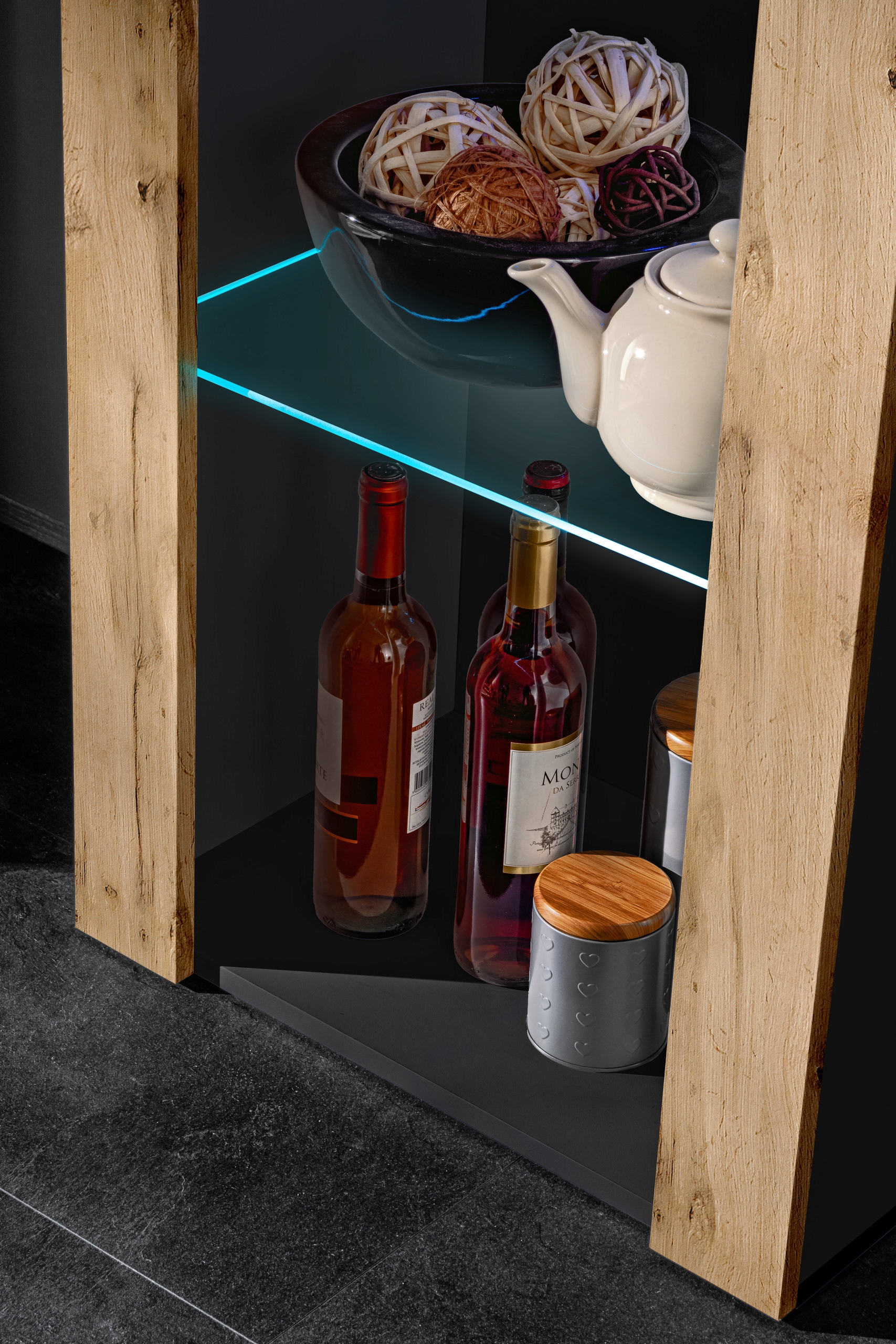 komodee Tivoli Witryna Stojąca Czarny-Dąb Wotan Szklane Półki Wysokość mebla 159 cm