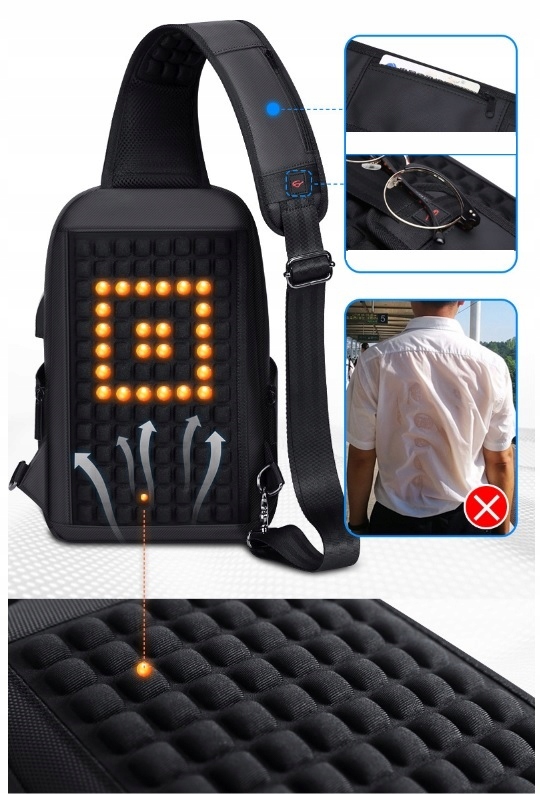 PLECAK MIEJSKI NA JEDNO RAMIĘ NERKA USB WATERPROOF Wzór dominujący bez wzoru