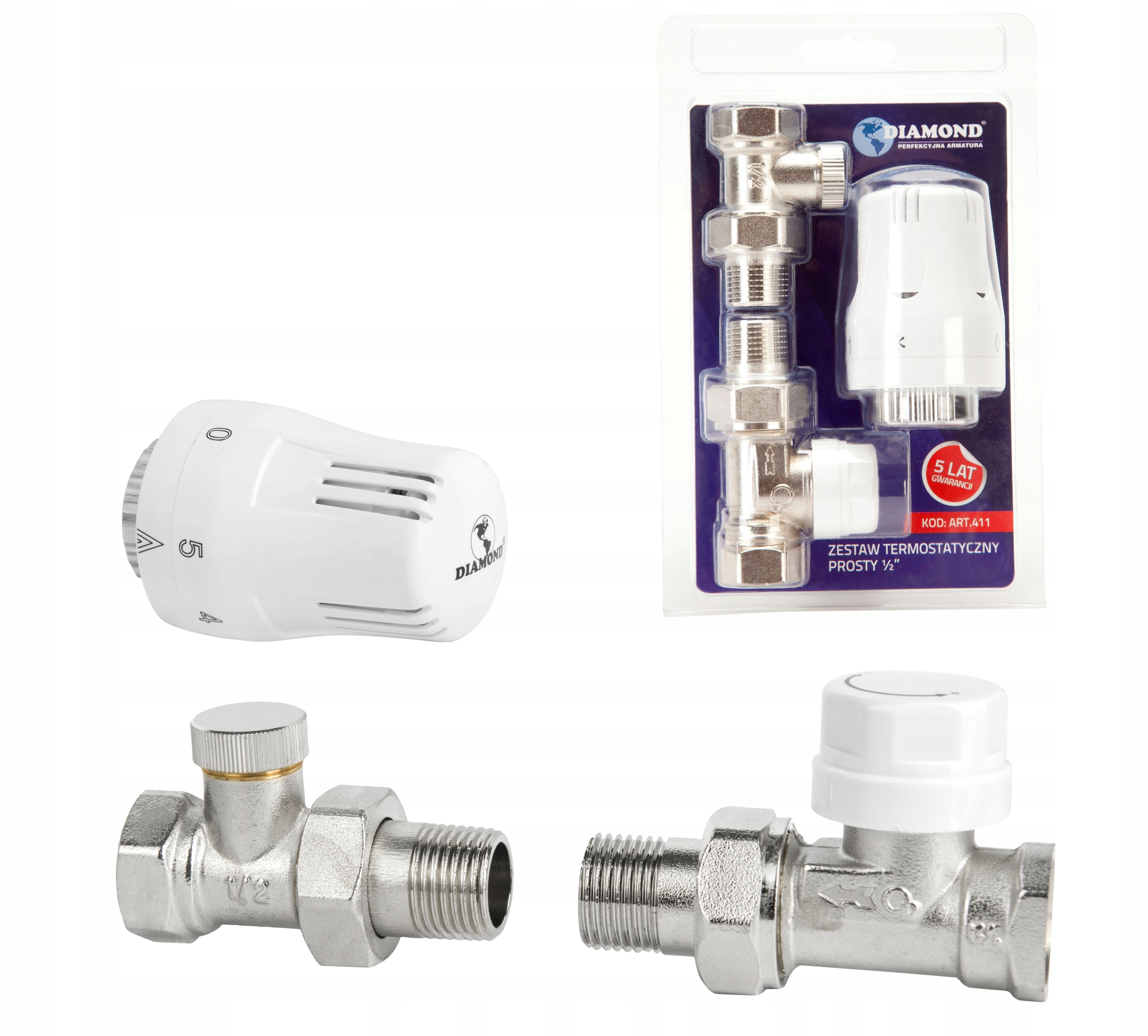ZESTAW TERMOSTATYCZNY PROSTY 1/2 GŁOWICA ZAWORY TERMOSTAT ZAWÓR ODCINAJĄCY