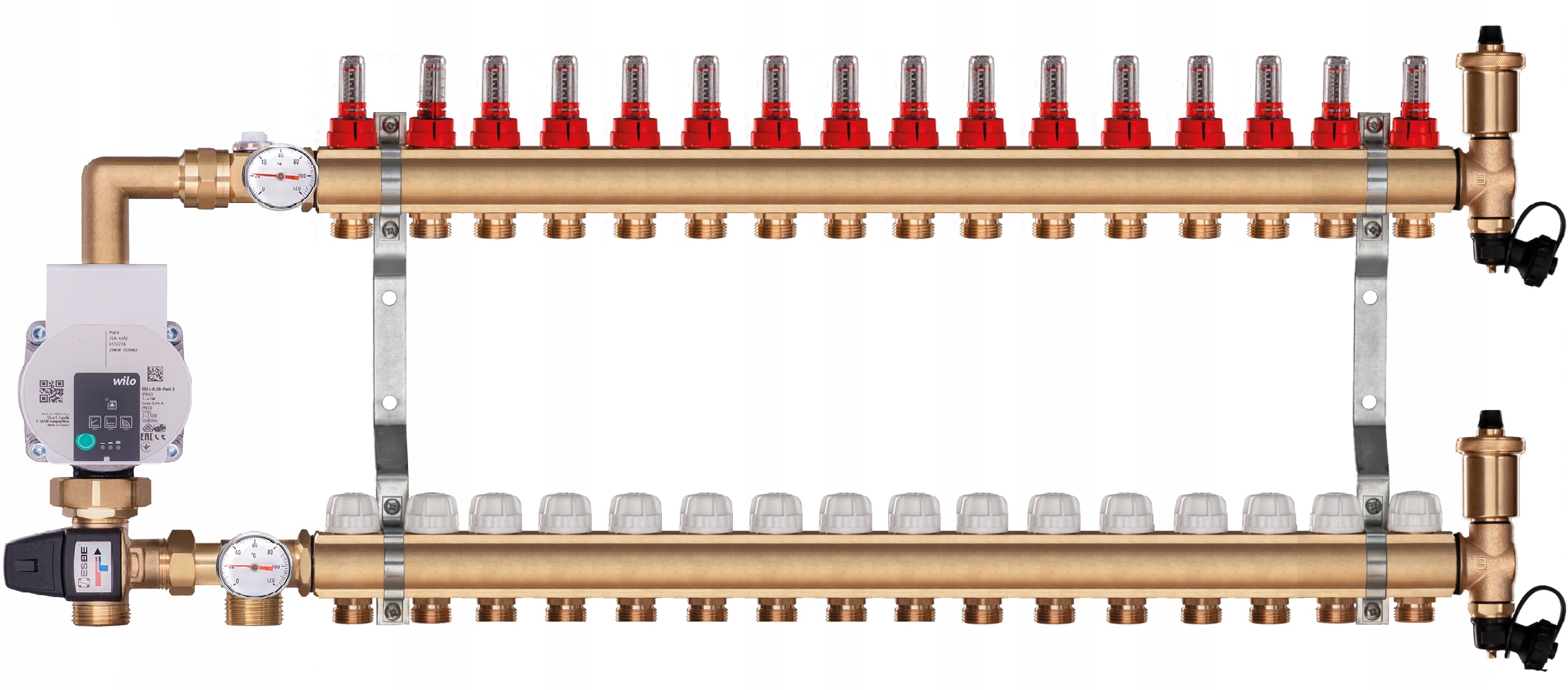 Mosazný rozdělovač pro podlahovku 16 topení s Čerpací Skupinou Wilo