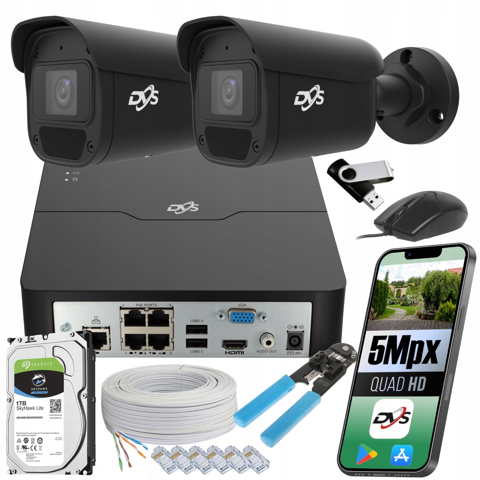 Sada 2 venkovních černých kamer pro monitorování 5Mp Ip Poe Dvs 1TB Tuba