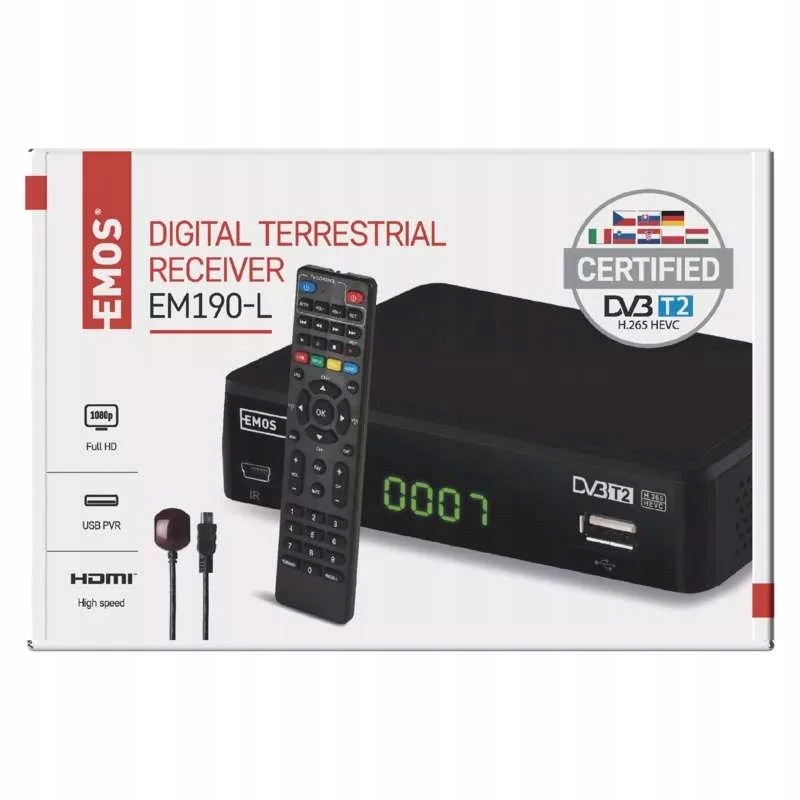 EMOS EM190-L HULL HD Dekoder odbiornik Tuner DVB-T2 HEVC H.265 Model EM190-L