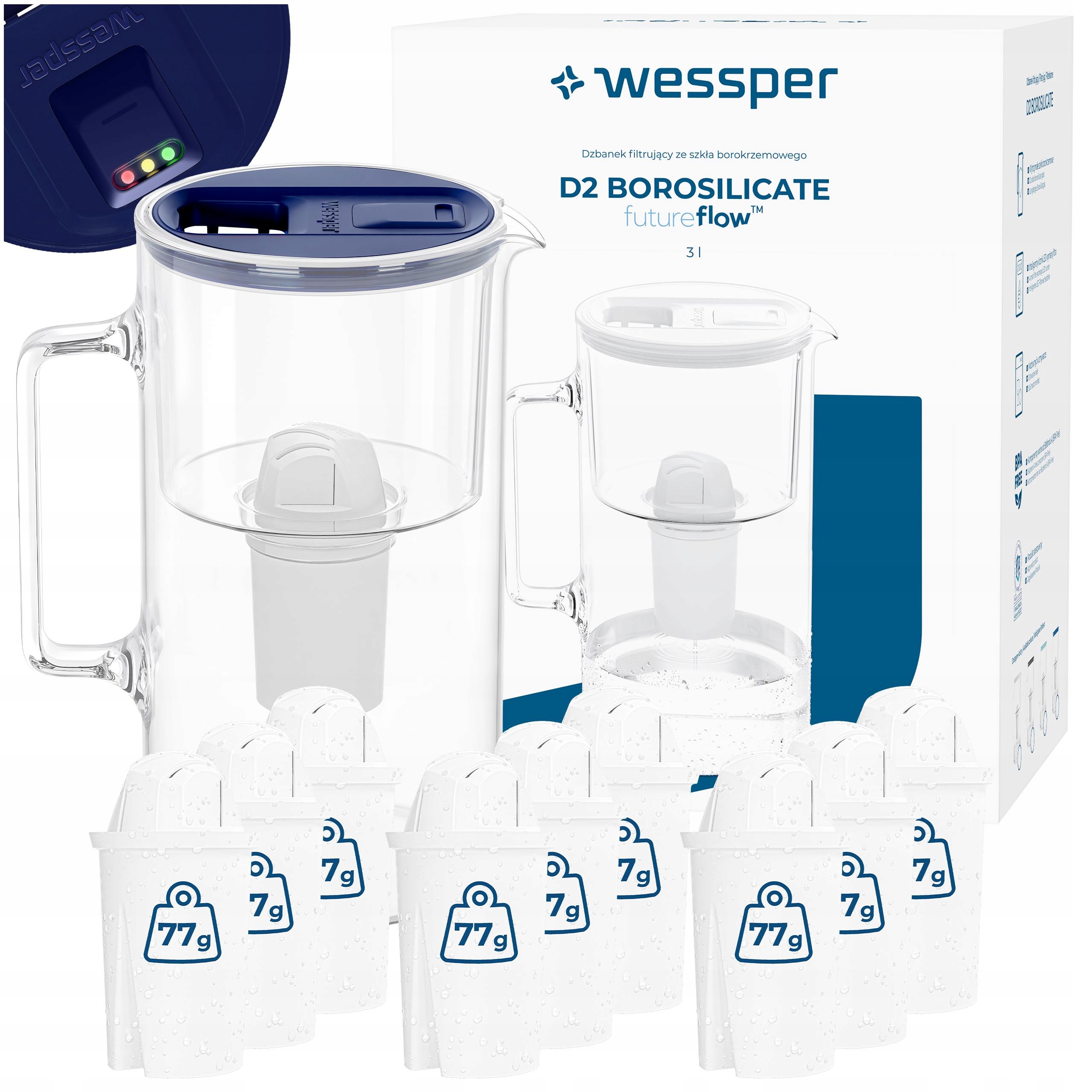 Filtrační konvice skleněná Wessper D2 Borosilicate 3 l Led 10 x vodní filtr