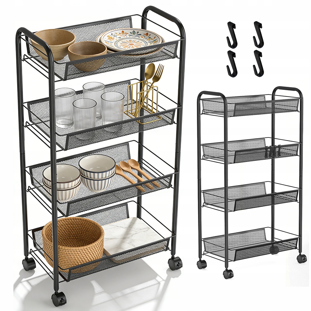 Regál Na Kolečkách 4-ÚROVŇOVÝ Mobilní Černý Vynikající Houseware 42*25.5*81 CM