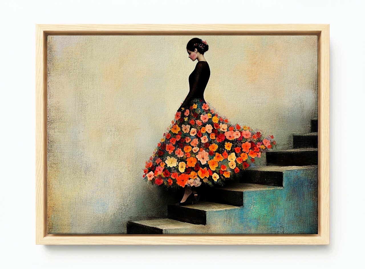 Obraz Rám Americká Krabička Žena V Květinové Sukni Schody Vintage Art 60x40