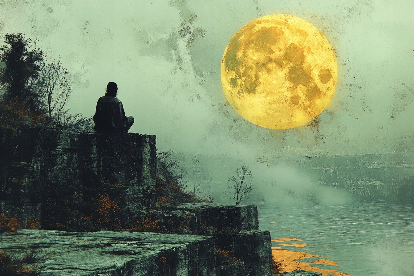 Obraz Na Plátně Canvas Člověk Skály Voda Měsíc Noc Meditace 120x80