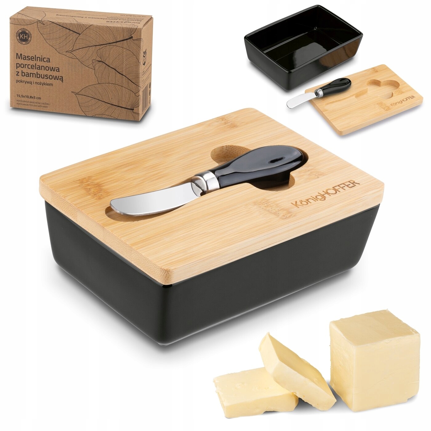 PORCELANOWA MASELNICZKA czarna POKRYWA BAMBUS +NÓŻ