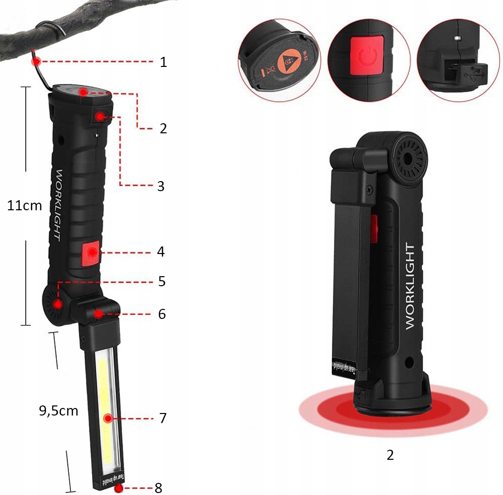 LAMPKA WARSZTATOWA COB LATARKA Z MAGNESEM + HAK USB 5w1 DO WARSZTATU MOCNA EAN (GTIN) 5905745645088