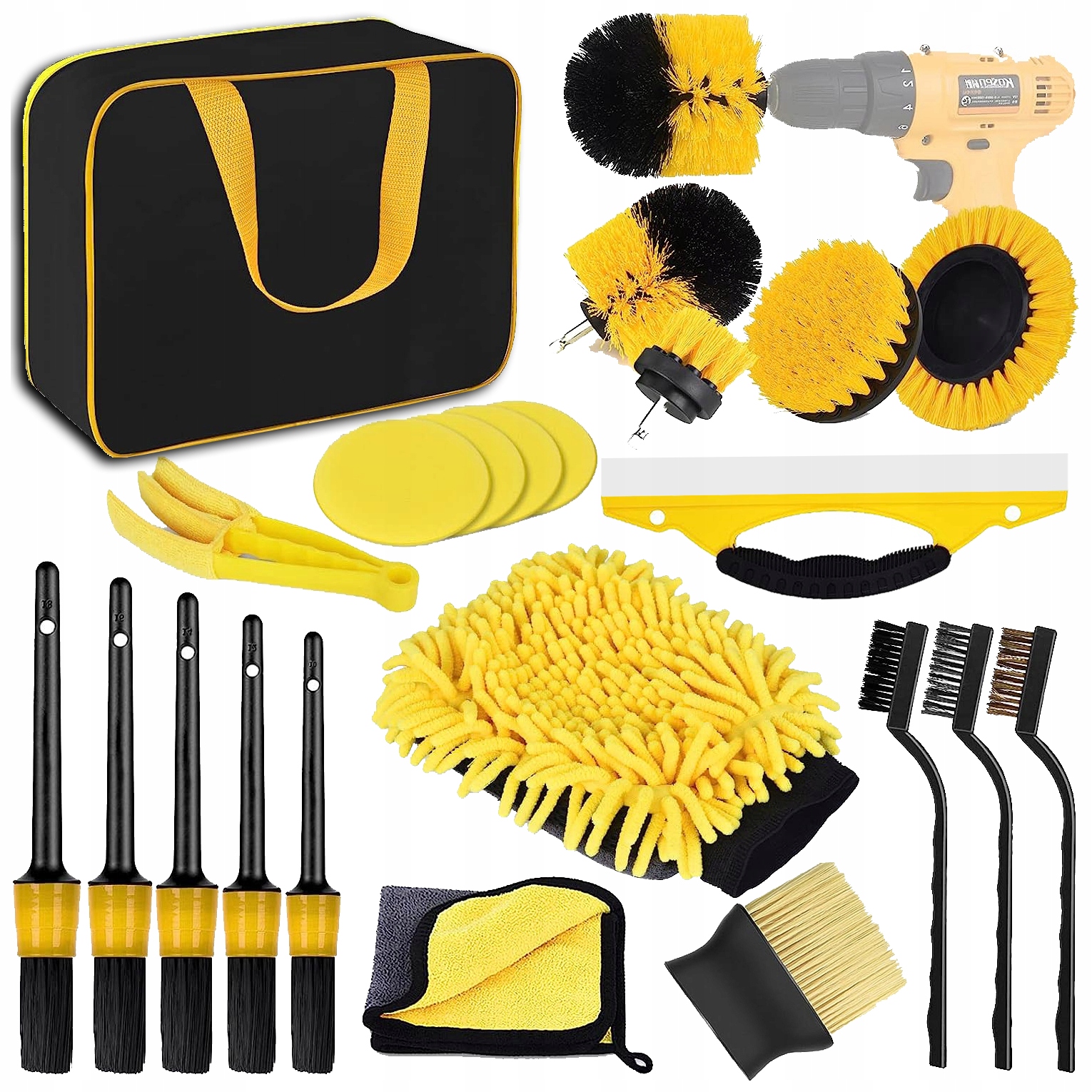 ZESTAW DETAILINGOWY 22EL DO CZYSZCZENIA SAMOCHODU ULEPSZONY SZCZOTKI PADY