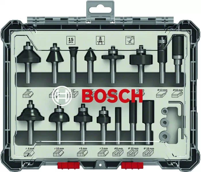 

Bosch Zestaw Frezów 15 Sztuk Uchwyt 8 MM
