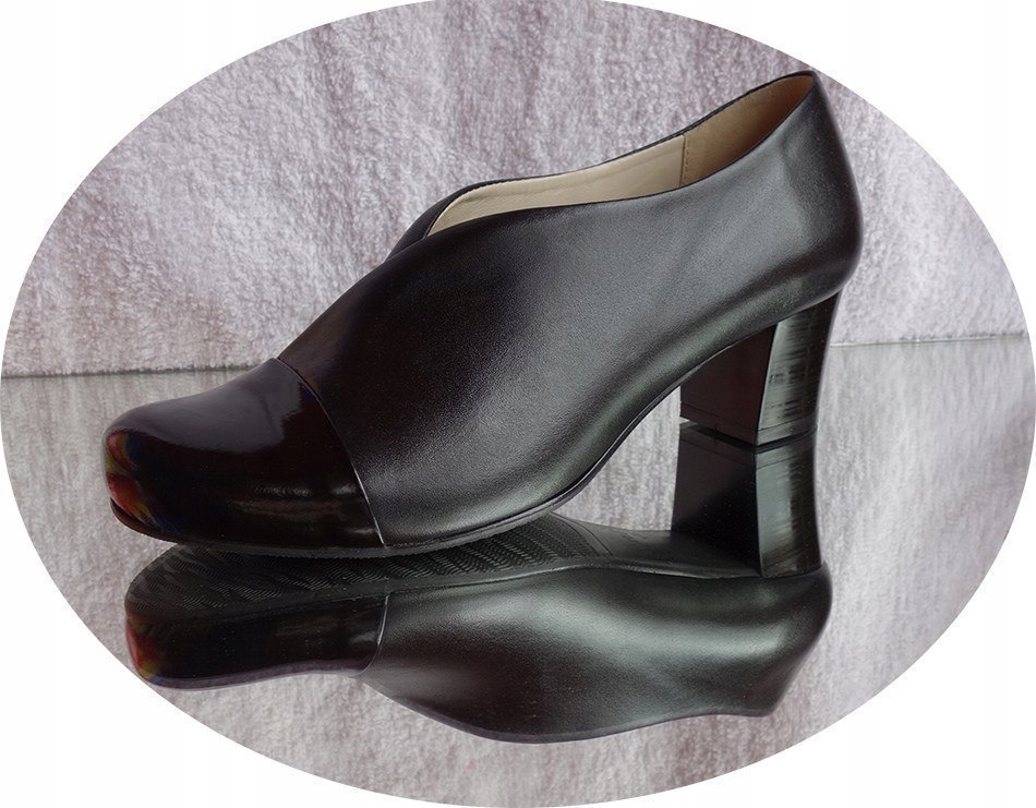 Skorzany Botek czarny granat Obcas lakier elegancja 40