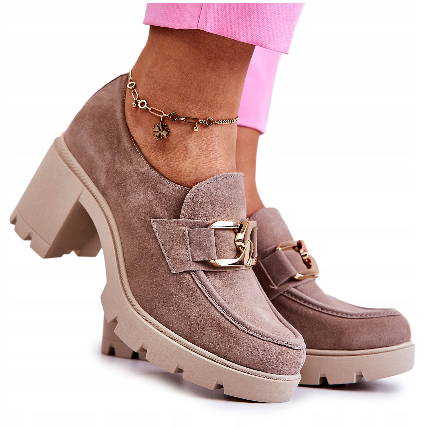 

Eleganckie Półbuty Na Słupku Złota Ozdoba Beż 36