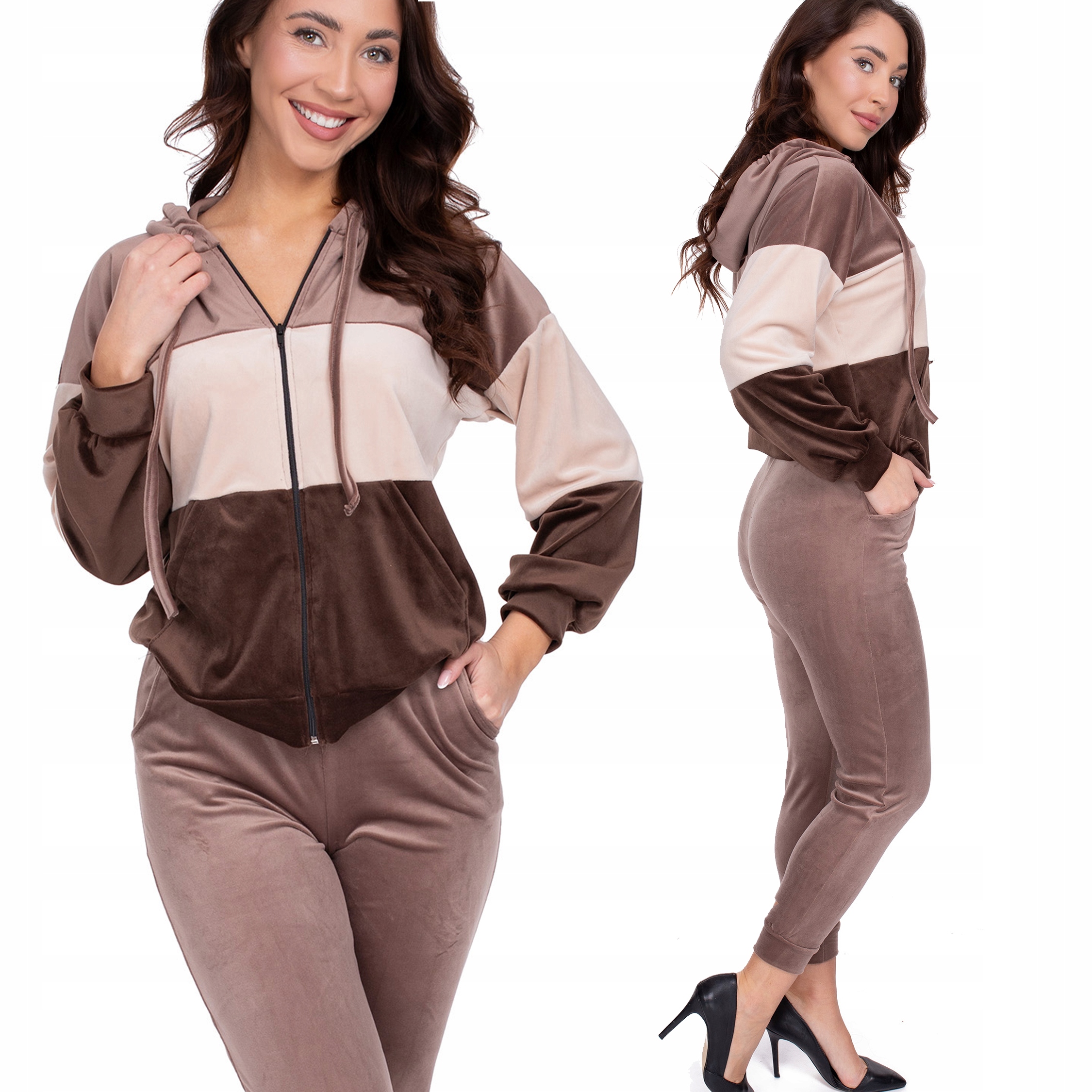 605_ Welurowy Komplet Dresowy bluza w pasy, kaptur _XXL/44