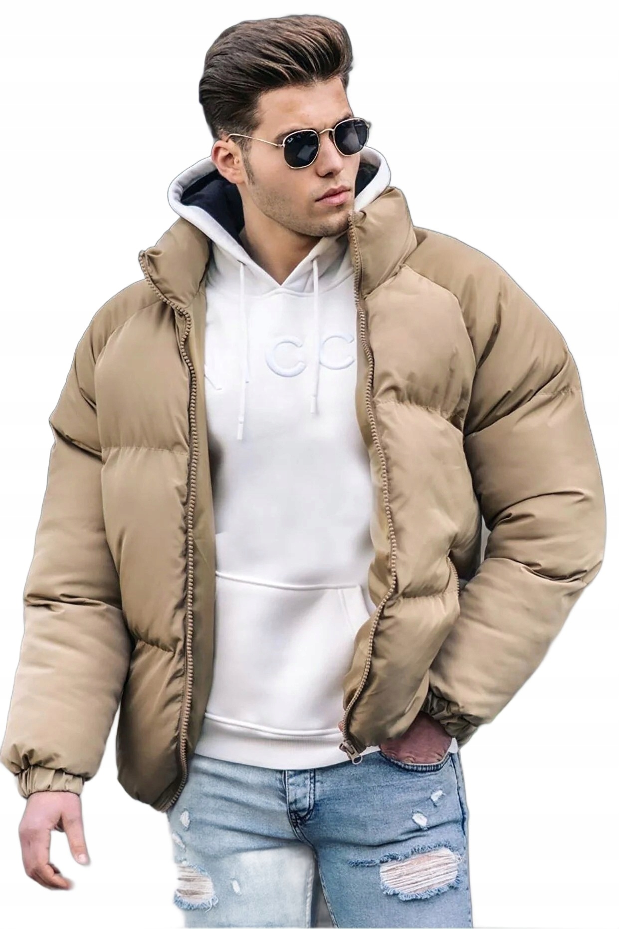 Madmext Pánská Prošívaná Béžová Bunda S Kapucí K Bokům XL 5DA