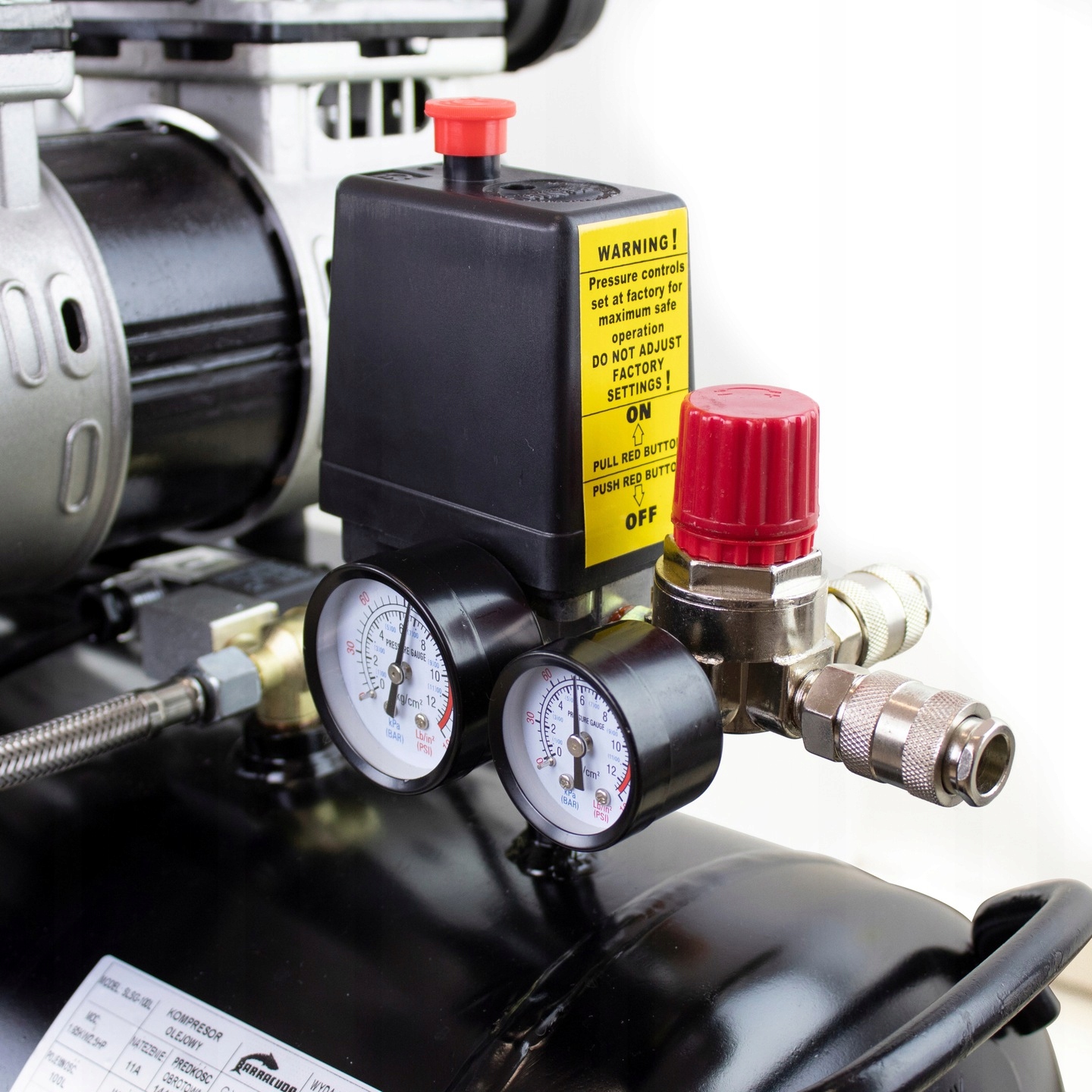 Kompresor BEZOLEJOWY sprężarka 10 BAR 100L 230V 1,65kW 550l/min CICHA PRACA Ciśnienie maksymalne 8 bar