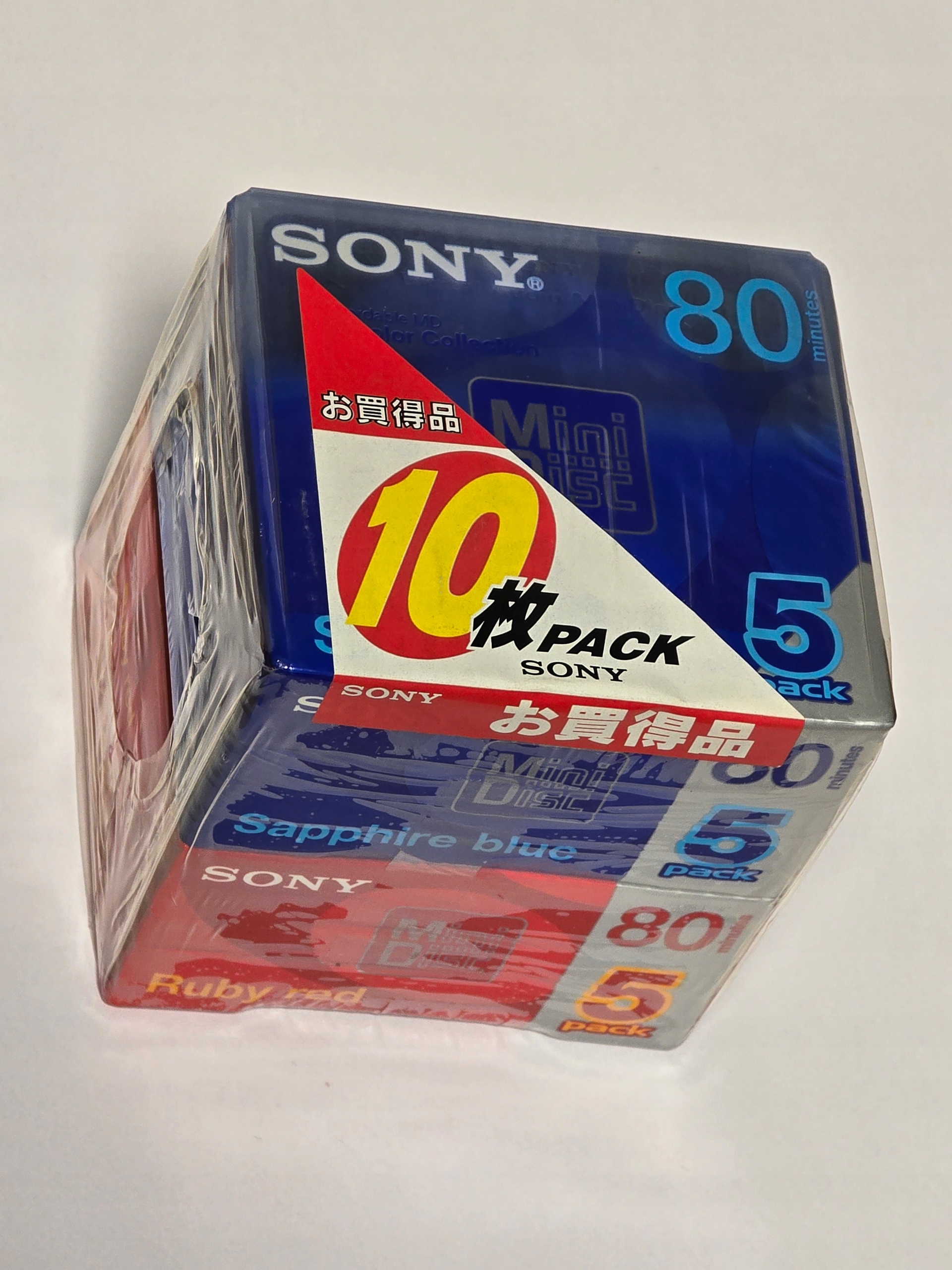 Sony Minidisc 10 Pack MD 10MDW80CRLR 80 Min Ruby Red Sapphire Blue Set