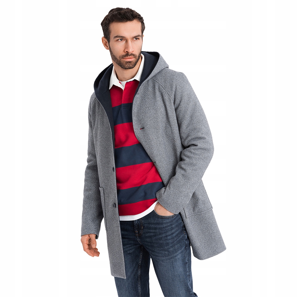 Dlouhý šedý pánský kabát s kapucí elegantní pohodlný OM-COWC-0122 V1 M