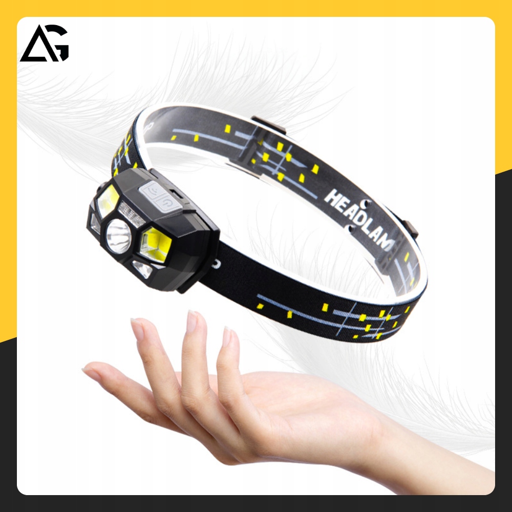 LATARKA CZOŁOWA AKUMULATOROWA LED CZOŁÓWKA LAMPKA NA GŁOWĘ CZUJNIK RUCHU Materiał ABS