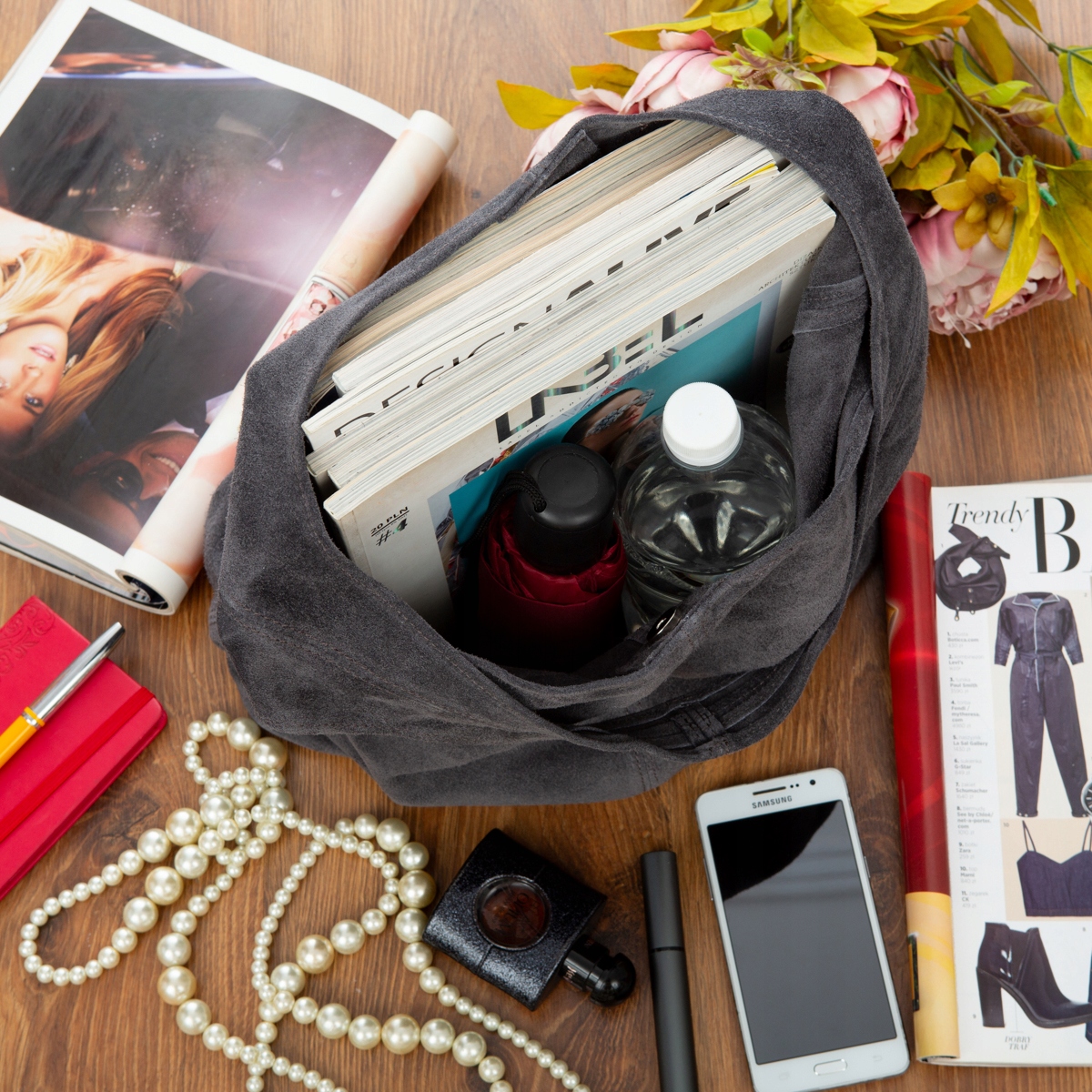 Torba Skórzana Vera Pelle Rossina Zamszowa Antracyt Wielkość duża (mieszcząca A4)