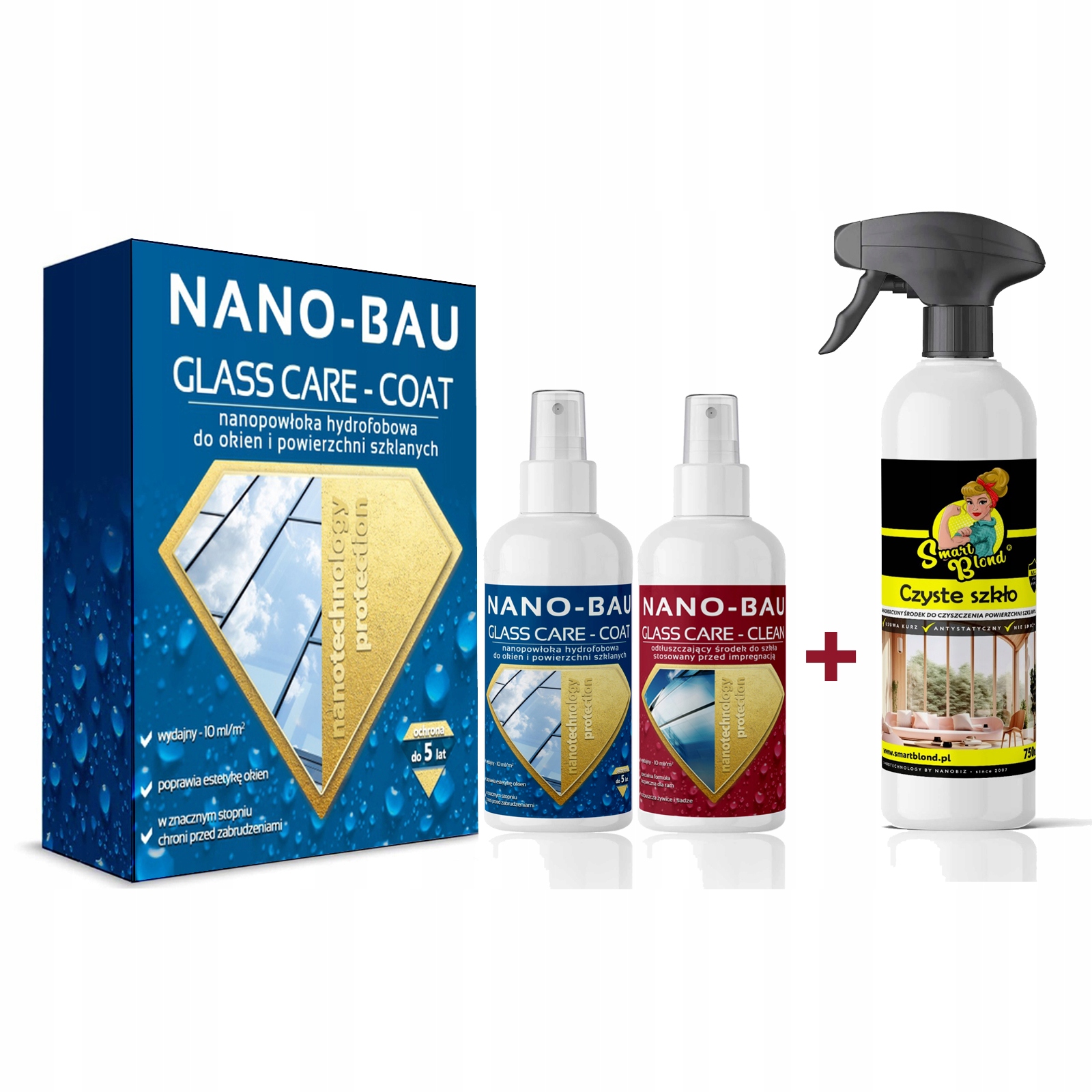 Levně Sada na okna Nano-bau Glass Care 100 ml Smartblond čisté sklo 750 ml