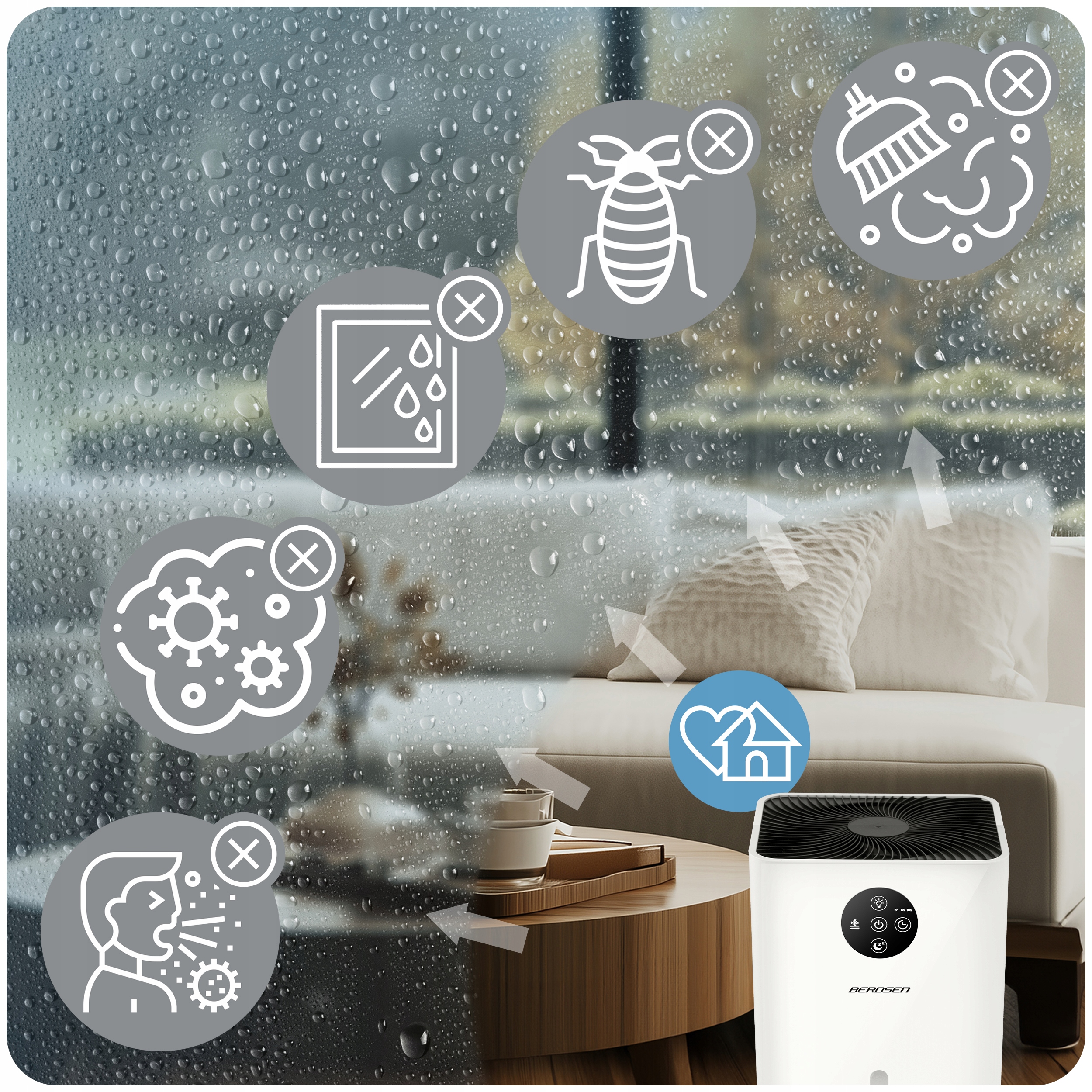 ODVLAŽIVAČ ZRAKA APSORBTOR VLAGE TIHI 34dB LED Berdsen 1,8L Učinkovitost 0,3 l/24 h