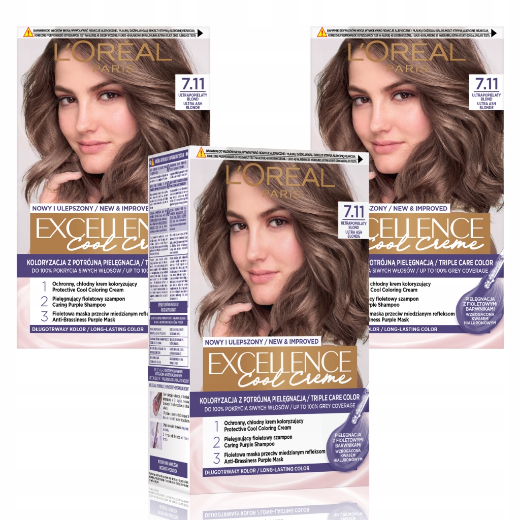 Zestaw 3x L'Oréal Excellence Creme Farba do Włosów 7.11 Ultrapopiel Blond