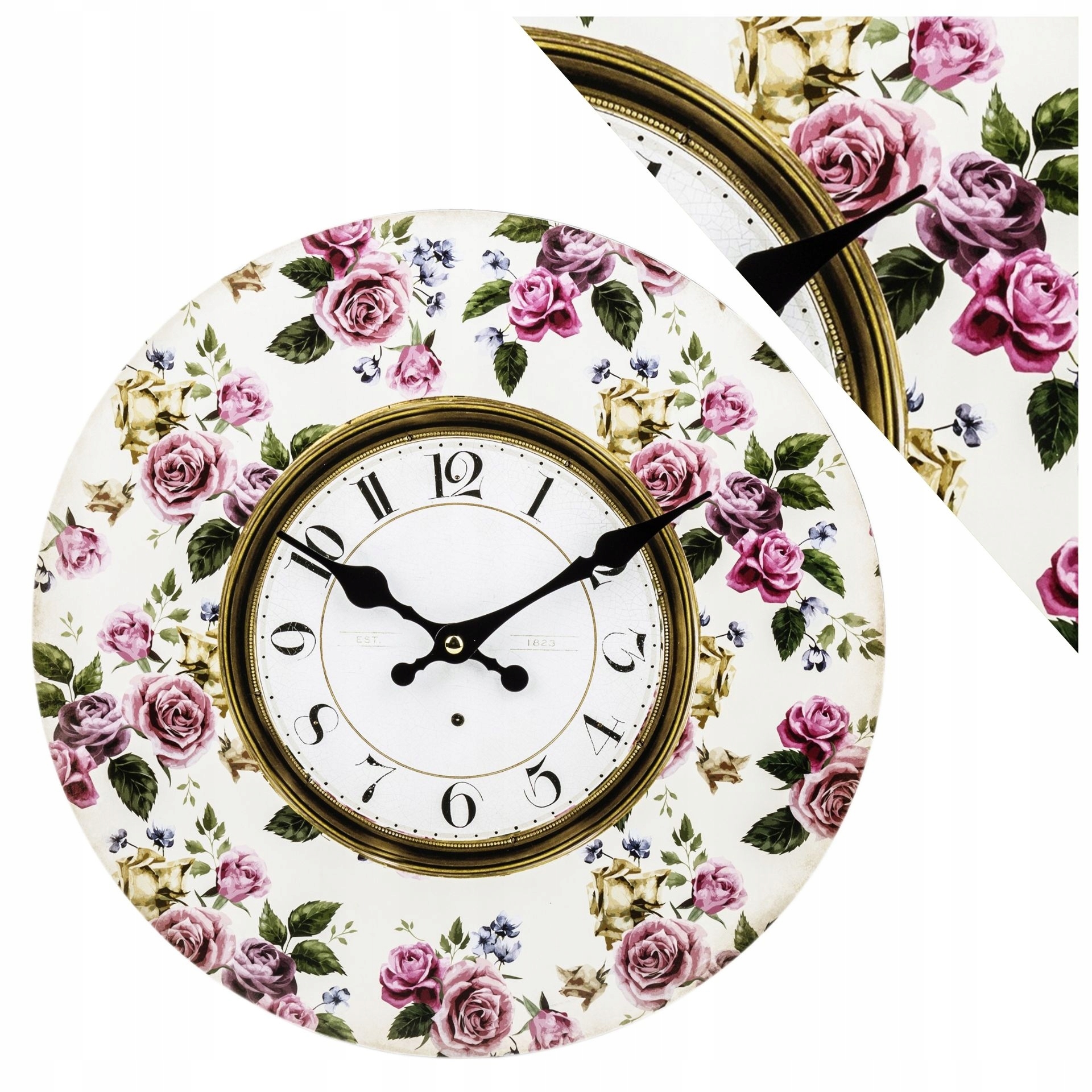 

Zegar Ścienny Kuchenny Duży Biały Retro Róże Ø34cm