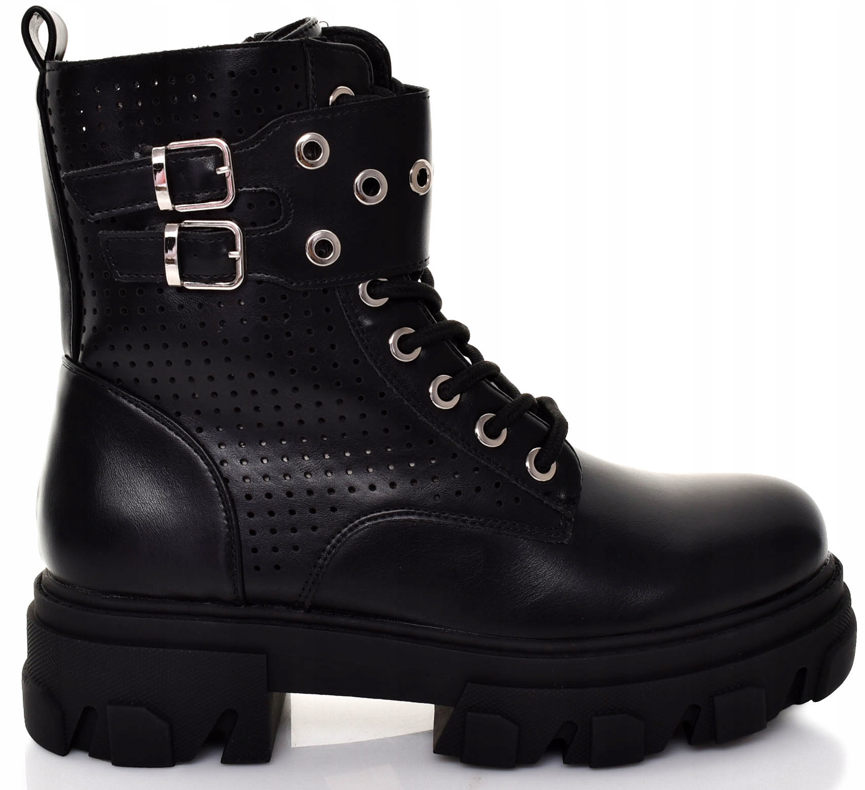 GLANY DAMSKIE WORKERY SKÓRZANE AŻUROWE CZARNE