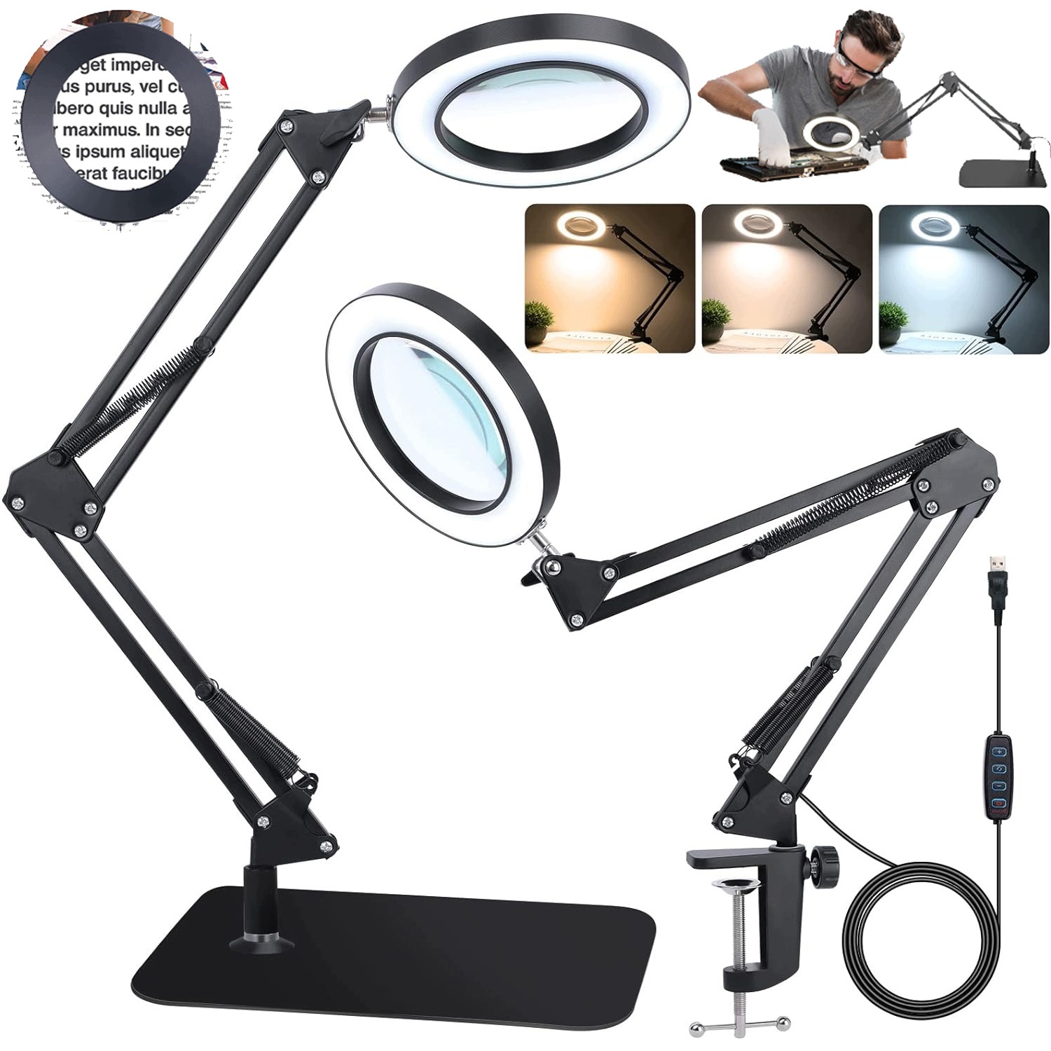 Led Lampa Kosmetická Lupa Sklo Zvětšující Svorkovnicí Základnou 3 Barvy