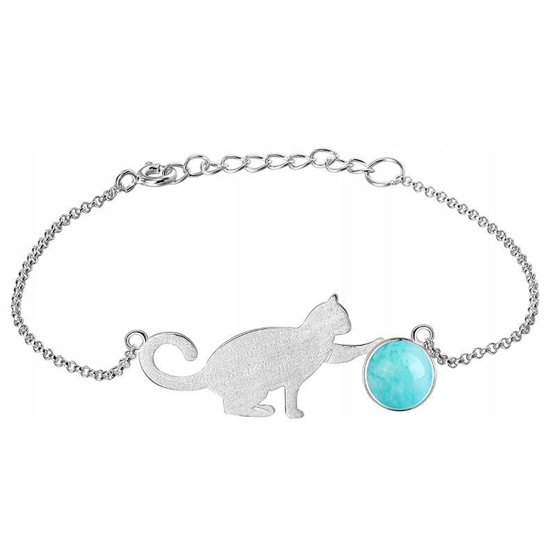 Stříbrný náramek Kočička s přírodním míčem Amazonit Stříbro 925