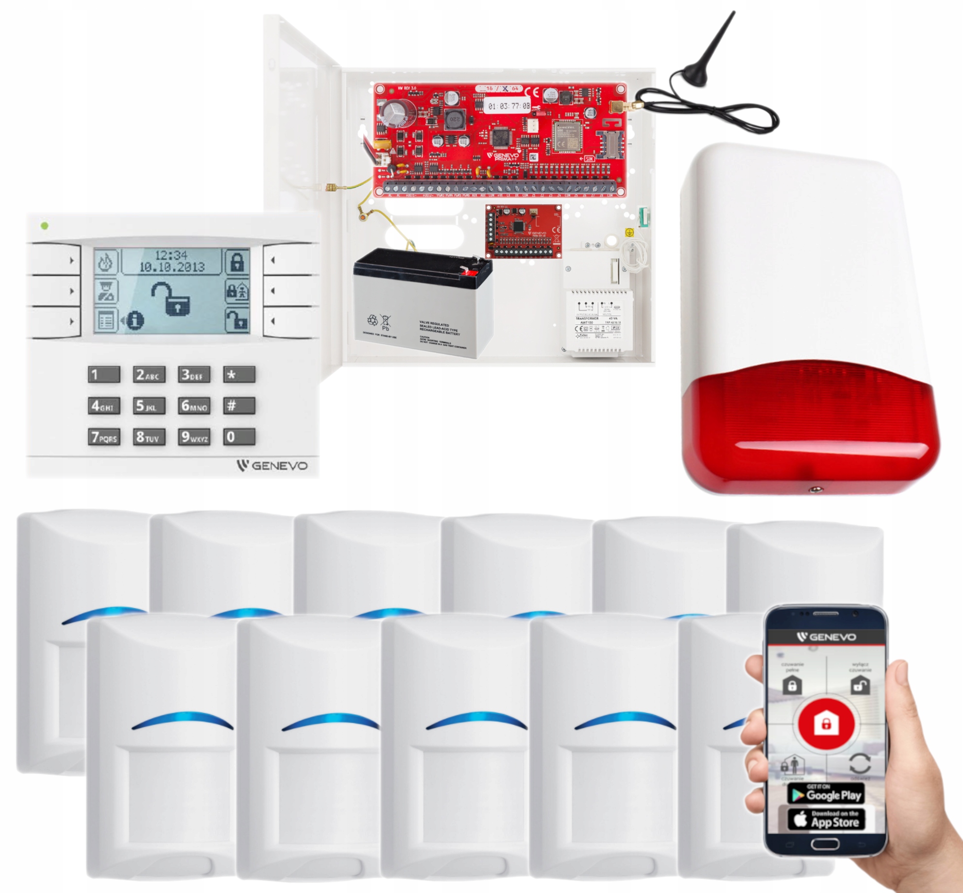 Genevo PRiMA16Q System Alarmowy Z Gsm Do Domu Aplikacja Panel LCD 11 Czujek