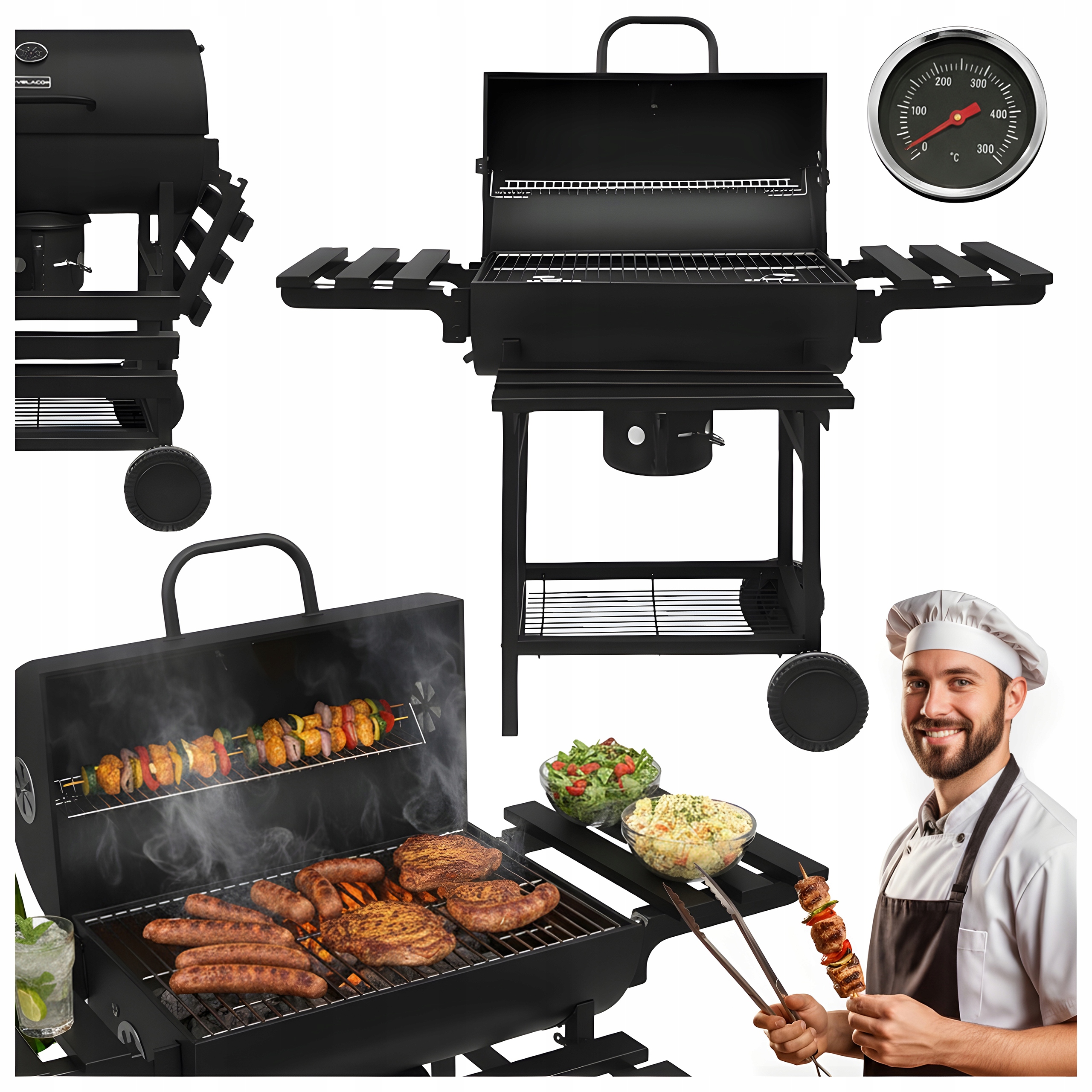Grill Węglowy Zamykany Ogrodowy Z Półkami Blatem Pokrywa Beczka Popielnik