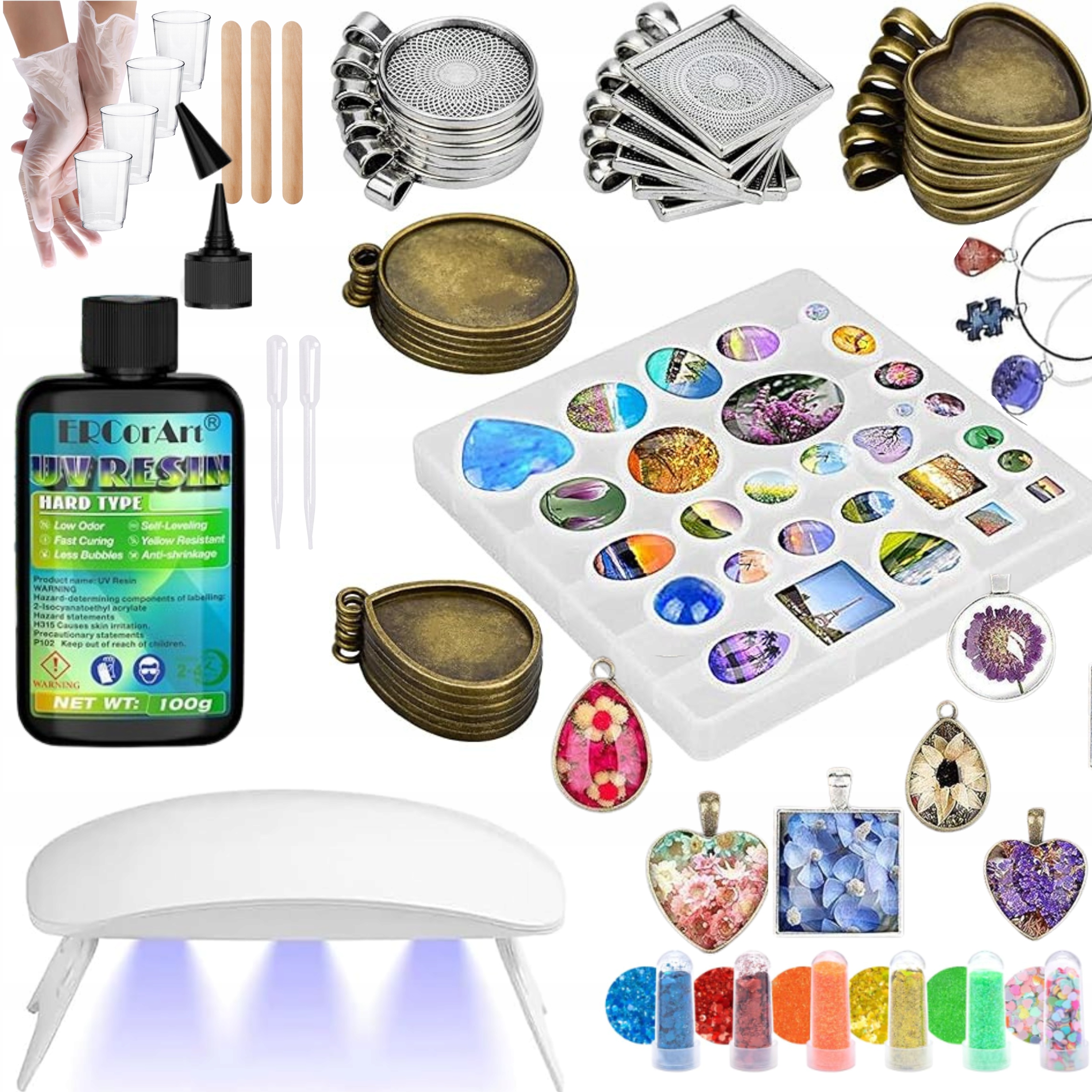 ŻYWICA UV ZESTAW DO ROBIENIA BIŻUTERII FORMA ZAWIESZKI LAMPA DODATKI DIY