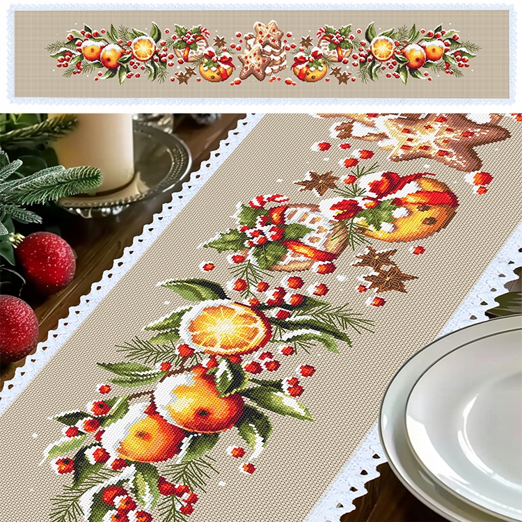 Křížková výšivka-Sada na vyšívání Dlouhý běhoun s vánočními pochoutkami