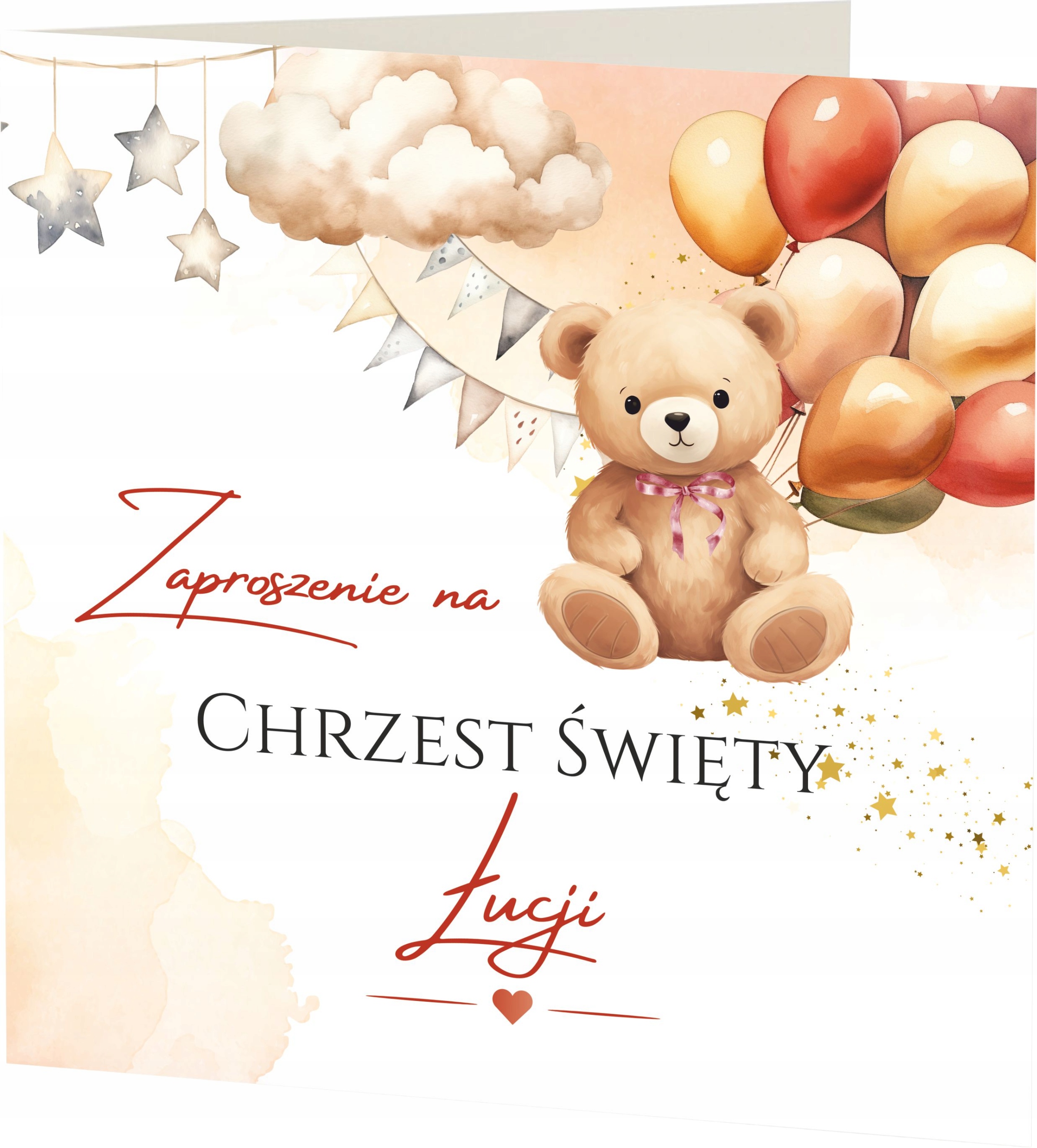 Zaproszenia na Chrzest Święty z kopertą + Imię Dziecka = Miś z Balonem