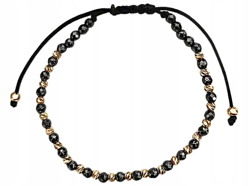 Zlatý provázkový náramek 585, lesklé grafitové hematitové kuličky