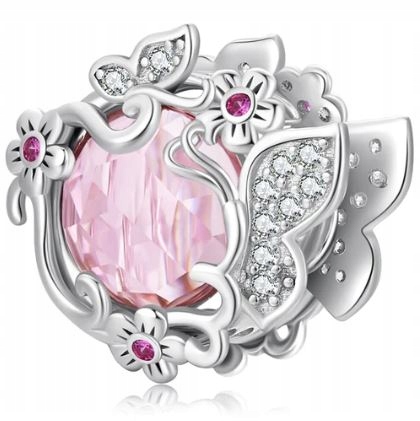 Charms růžový křišťál motýli květy stříbro 925