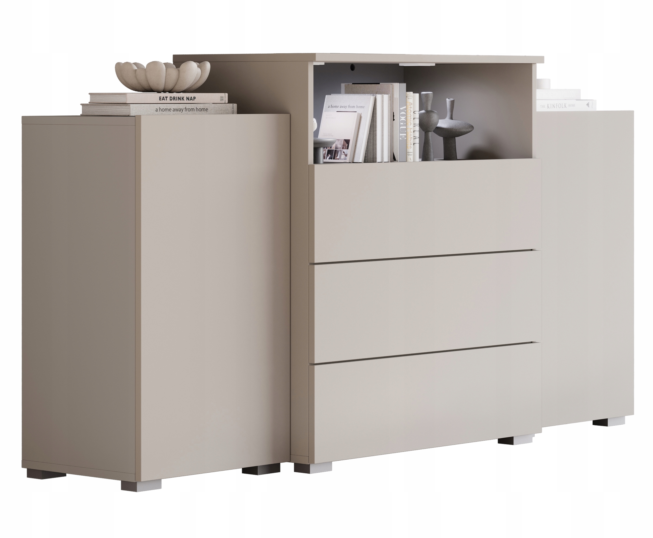 Komoda 150 cm do obývacího pokoje se zásuvkami a bočními skříňkami Kašmír mat