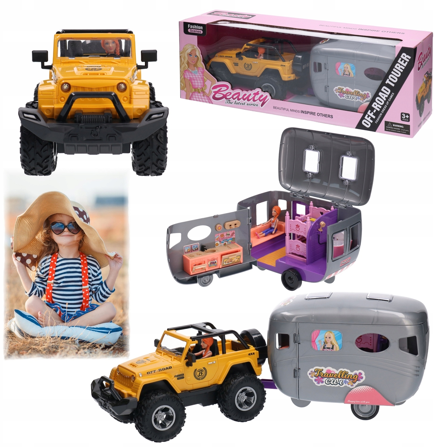 Zółte auto terenowe Jeep przyczepa kempingowa 9289