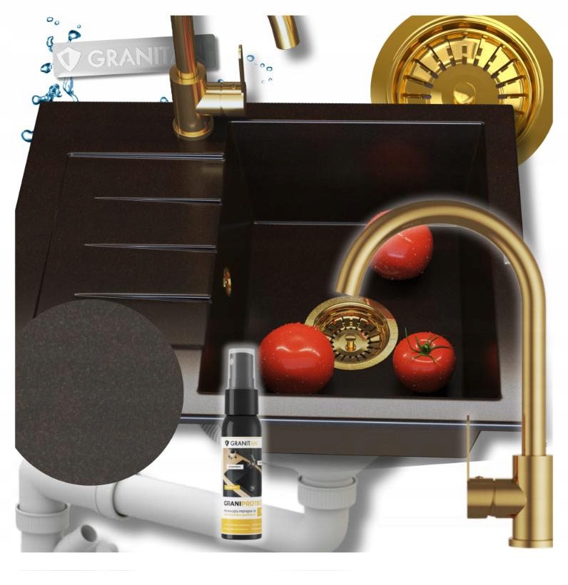 Jednokomorový granitový drez Milano Deep Brown Sada batérií Sifón 4v1