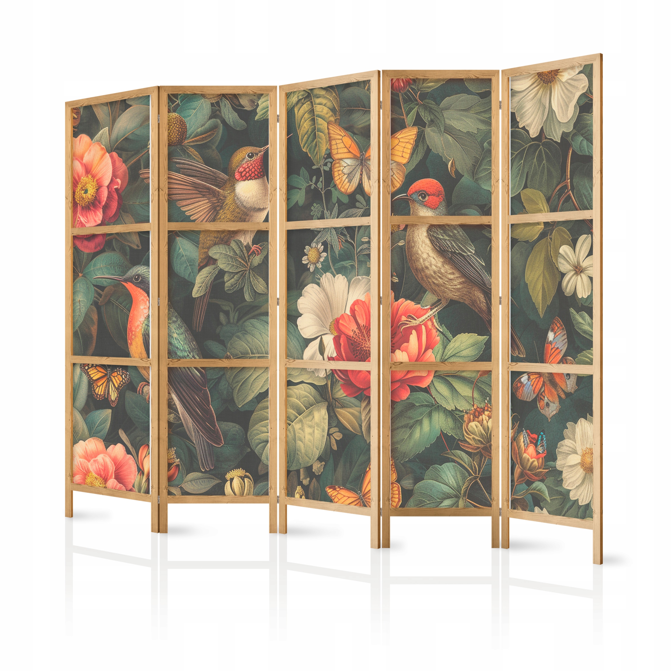 Paraván Japonský Panelový 5-DÍLNÝ Ptáci Motýli Květiny Styl Boho 225x172